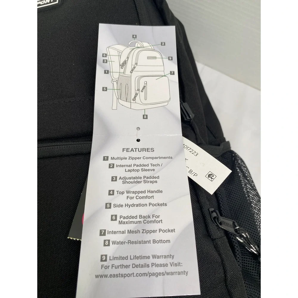 Eastsport Core Scholastic Backpack Unisex 19in Black Padded Laptop Adjustable
